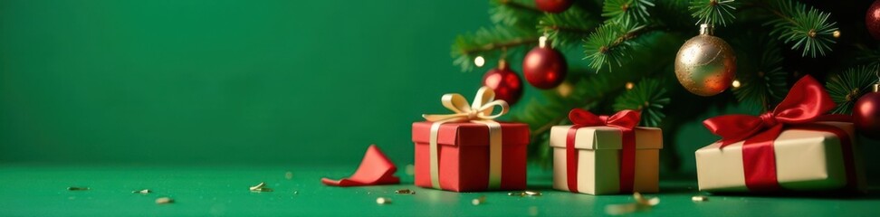 Close-up of decorated Christmas tree with gifts, isolated on green , close-up, decoration, copy space