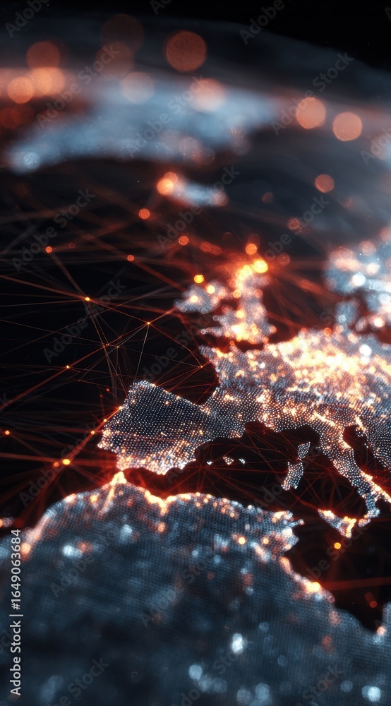 Poster illuminated digital map showcasing global connectivity and data networks across continents at night.