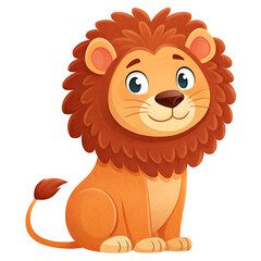Fototapeta premium A cartoon lion with a brown mane sitting upright on a white background looking forward cheerfully