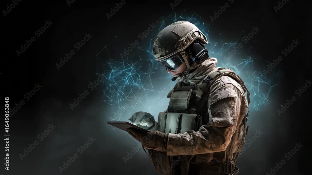 Poster futuristic soldier: geared up soldier using a digital tablet with holographic display, creating a ne