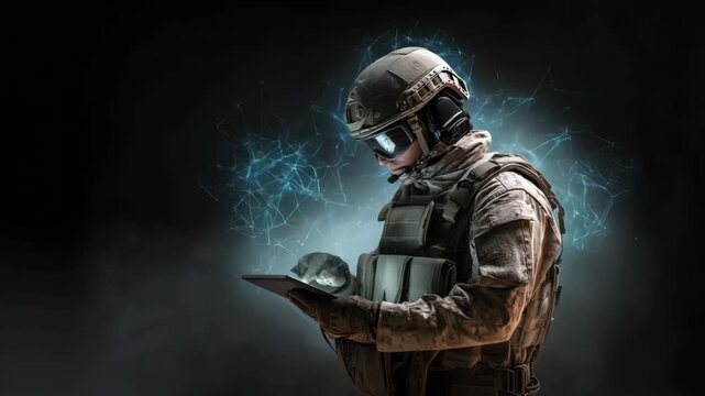 Futuristic Soldier: Geared up soldier using a digital tablet with holographic display, creating a network-like visual effect in a dark, atmospheric environment.