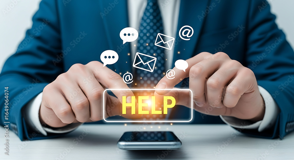 Poster man in a suit touching a glowing help button on a smartphone screen, surrounded by communication ico