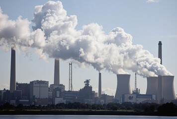 Smoke billows from chimneys at a power station, illustrating the environmental impact of industrial activities