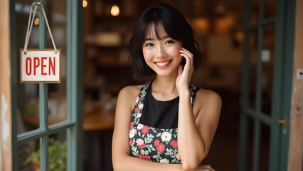 Smiling Black Haired Woman Small Business Owner Standing at Shop Entrance