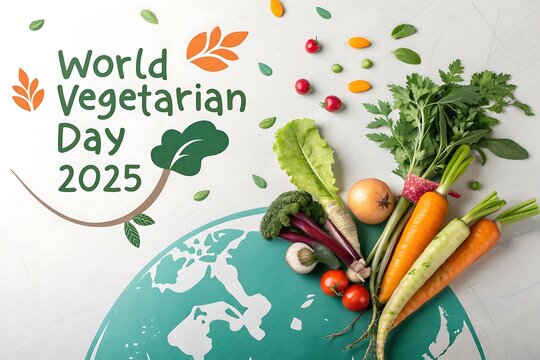 World vegetarian day 2025 with fresh vegetables and planet earth illustration