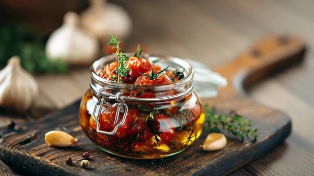 Sun-dried tomatoes preserved in a glass jar, garnished with fresh thyme, resting on a rustic wooden board, against the backdrop of garlic bulbs.