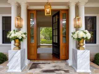 Elegant front entrance with lanterns and floral arrangements luxurious home architectural photography outdoor serenity welcoming viewpoint