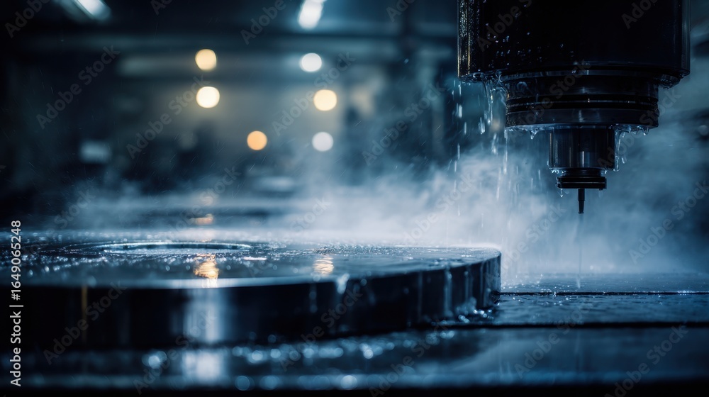 Aufkleber industrial cnc machine operating with precision, cutting metal in a workshop with sparks and mist cr