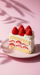 Delicate Strawberry Cake Slice on Pink Plate, Delicious Dessert