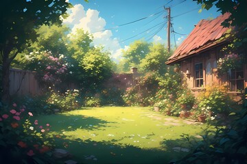 Sunlit Cottage Garden with Lush Greenery and Blooming Flowers.