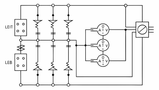 Electrical circuit diagram featuring resistors capacitors and voltage meters connected by wires and labeled boxes