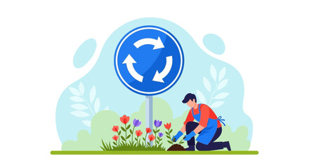 Roundabout Landscaping Brings Nature And Safety Together In Vibrant Vector Scene