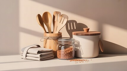 Warm Kitchen Still Life with Wooden Utensils, Lentils, and Neutral Tones