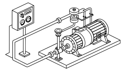 Isometric line drawing of a pump system with motor pipes and a control panel on a platform base