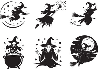 Naklejka premium Magical Halloween witches flying on brooms casting spells