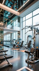 Modern gym with various exercise machines and large windows