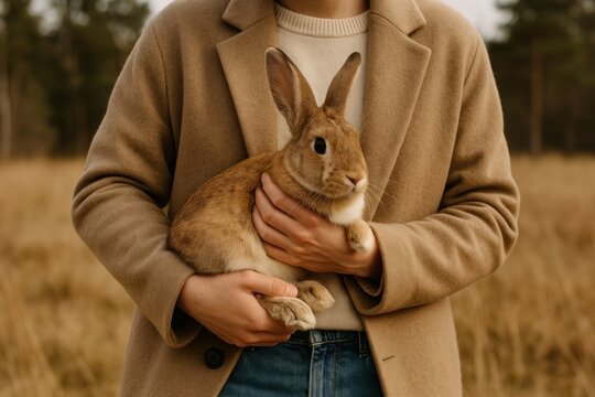 Cozy autumn rabbit embrace.