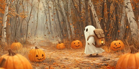 Ghost with little lantern backpack exploring a forest of pumpkins, warm colored pencil style Stock photo