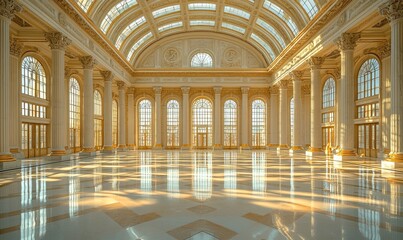 Obraz premium Grand Hall Ornate, empty hall with towering columns, arched windows, and a vaulted glass ceiling. Light streams in, creating a pattern of bright reflections on the tiled floor