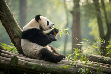 Obraz premium Giant Panda Enjoying Bamboo Meal While Sitting on a Tree Branch