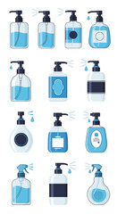 Fototapeta premium Collection of assorted dispenser bottles filled with translucent liquid and spray functionality