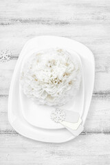 Christmas table setting. Festive New Year cutlery, traditional winter decor. Cozy mood, minimalist design