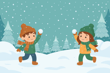 Children playing snowball fight in winter forest. Kids having fun outdoors in snowy weather. Winter holiday game scene