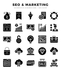 SEO & Marketing Icons Pack. Glyph icons set. Glyph icon collection set.