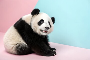 Obraz premium Adorable baby panda bear sitting on a pink and blue background looking cute