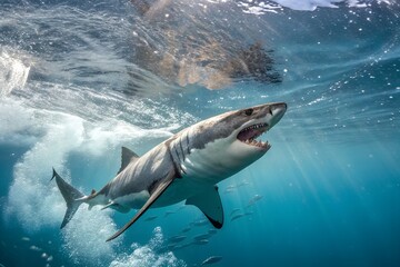 Fototapeta premium Great White Shark Swimming in Turquoise Ocean Waters with Open Mouth Showing Teeth