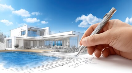 A hand sketches a modern luxury house with a pool under a blue sky, blending architectural drawing with a realistic rendering of the finished design