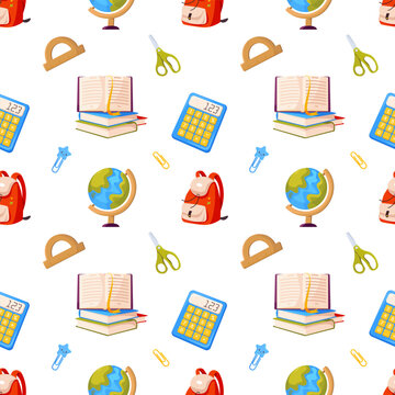 School supplies seamless pattern. Study and education tools - books, pencils, calculator, scissors, globe, ruler, backpack vector illustration on white. Stationery sale wallpaper. Back to School.
