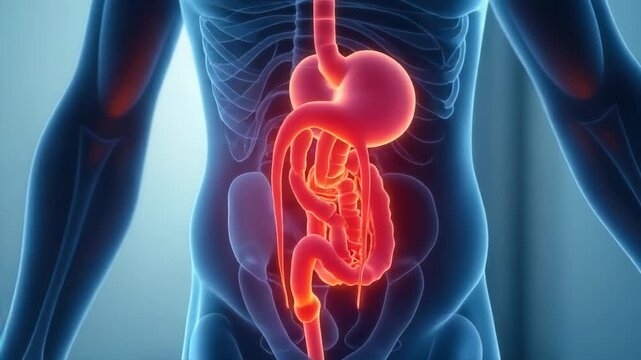 Anatomical illustration of the human abdomen with highlighted organs, useful for medical or educational purposes