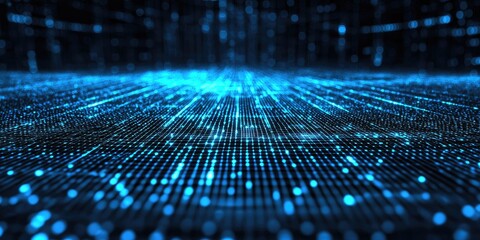 Glowing blue tech grid over a black background with 3D depth Stock photo