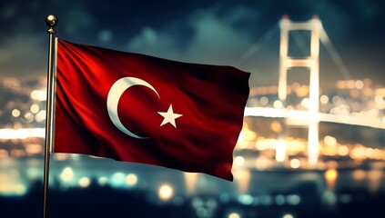 Turkish flag waving with 15 july martyrs bridge in background at night