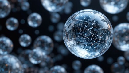 A cluster of transparent spheres with internal network connections floating in dark space background