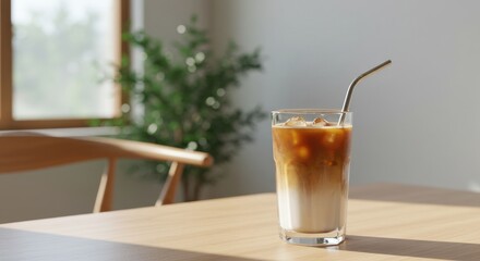 Enjoying cold iced coffee cozy home setting beverage photography bright morning close-up view refreshing drink experience