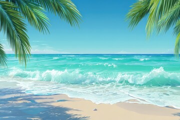 Fototapeta premium Tropical beach with turquoise waves, white sand, and palm trees under a clear blue sky