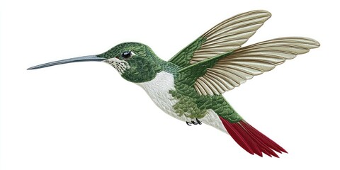 Fototapeta premium Green hummingbird with red feather tips in 3D embroidery effect on white background Stock photo