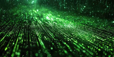 Green matrix code rain in a digital 3D perspective space Stock photo