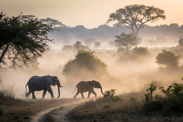 Fototapeta premium Elephants Walking on Dusty Path in African Savannah at Sunset