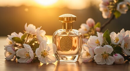 pale blossoms, a delicate perfume bottle sits amidst soft,luxurious glass perfume bottle bathed in warm, golden light. The scene evokes feelings of serenity and luxury. Wallpaper, background 