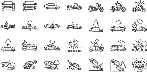 Caraccidentinsuranceclaimvectoriconsvehiclecrashcollisionoutlineset