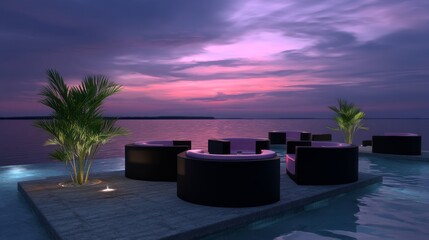 Fototapeta premium Evening lounge experience by the water scenic waterfront relaxation serene setting panoramic view tranquility at dusk