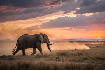 Fototapeta premium African Elephant Walking Through Dust at Sunset in the African Savanna