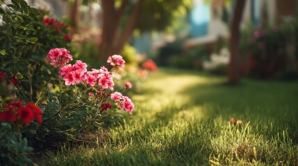 A vibrant garden scene featuring blooming pink flowers amidst lush green grass and softly blurred trees in the background, creating a serene atmosphere.