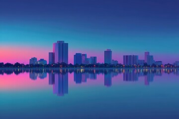 Fototapeta premium City skyline at dusk with colorful buildings reflected in calm water under a vibrant, gradient sky