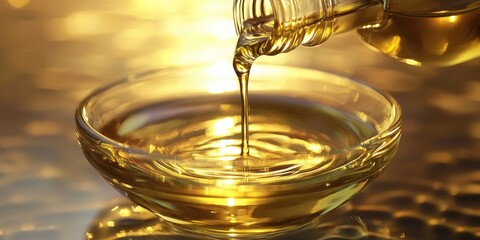 Hyper-detailed Collistar oil bottle pouring into glass bowl, reflective gold and clear tones Stock photo
