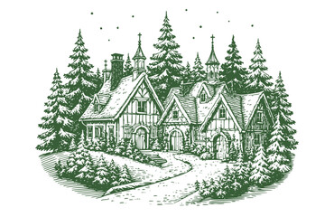 Christmas House Vintage Sketch Landscape Holiday Xmas Card Engraving Engraver Retro Winter Vector Print Snow Covered Cottage