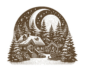 Christmas House Vintage Sketch Landscape Holiday Xmas Card Engraving Engraver Retro Winter Moon Forest Vector Print Snow Covered Cottage
